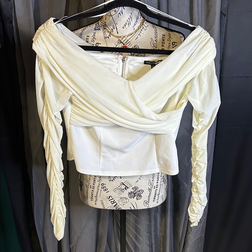 Cream Long-Sleeve Draped Crop Top - Women's